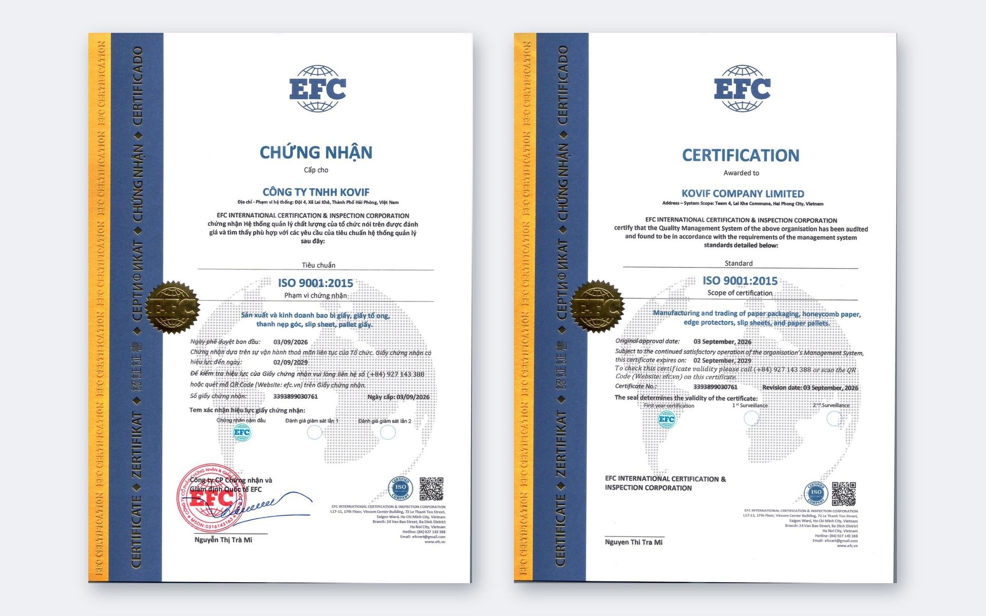 Chứng nhận ISO 9001:2015 KOVIF